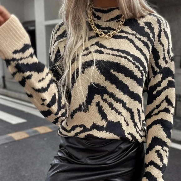 Sweaters - Zebra Stripe Drop Shoulder Sweater